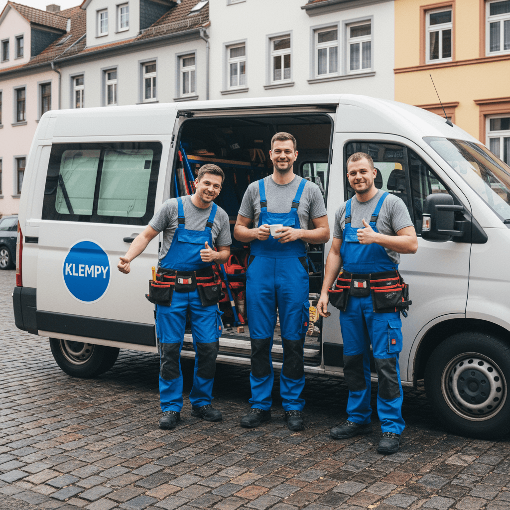 Markus und sein Team bei einer Besprechung vor einem Einsatzfahrzeug mit Werkzeug