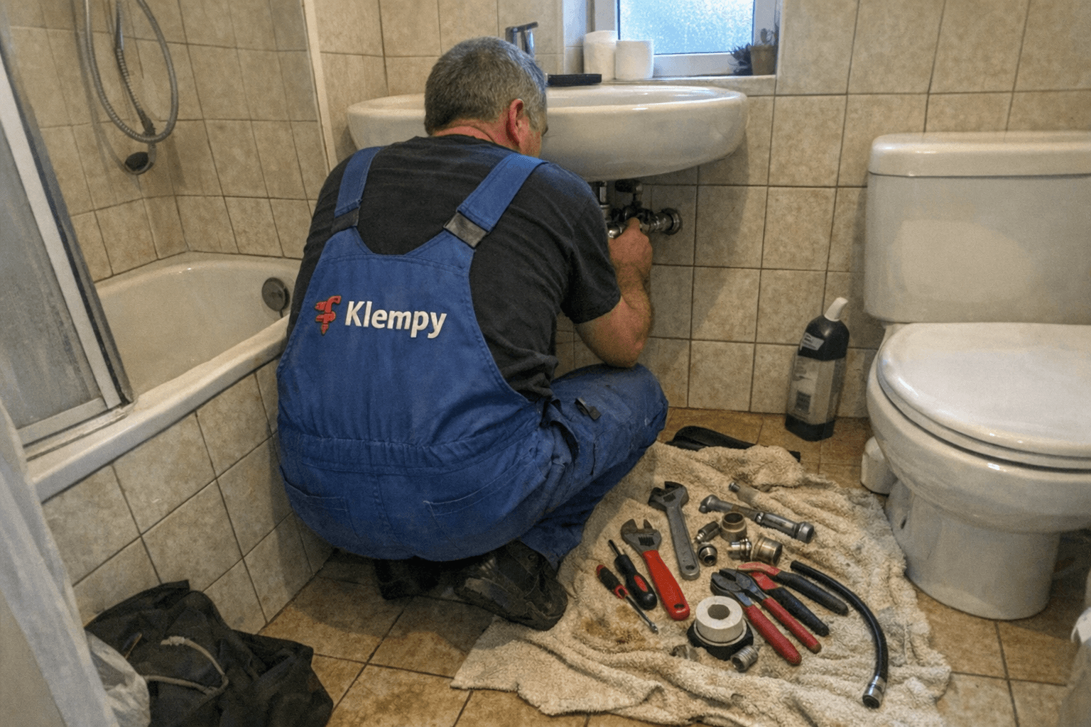 Erfahrener Handwerker bei der Arbeit in einem Badezimmer mit modernem Werkzeug